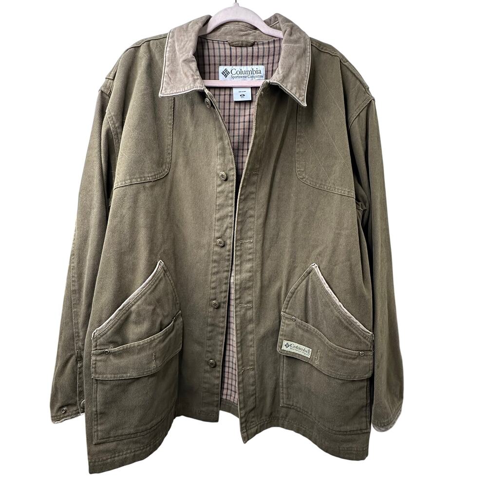 XL Vtg Columbia River Lodge Heavy Canvas Barn Jacket Green Leather Collar Coat
